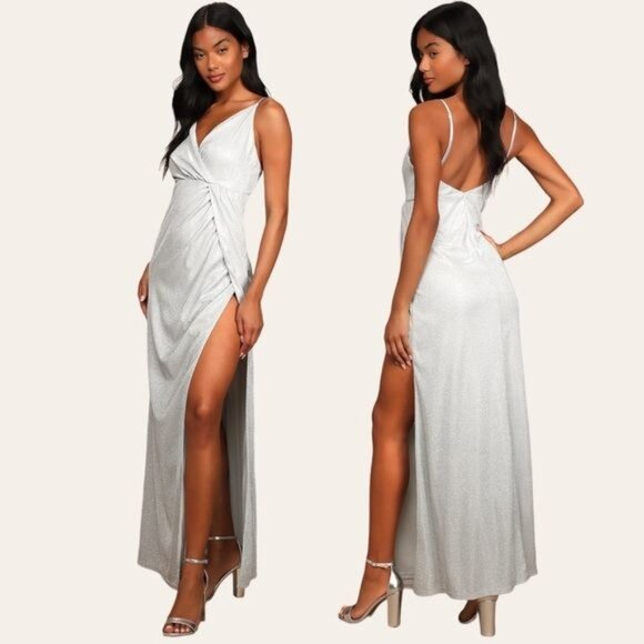 LULUS Keep Your Shine On Light Grey Metallic Faux-Wrap Maxi Dress - M - Picture 10 of 10